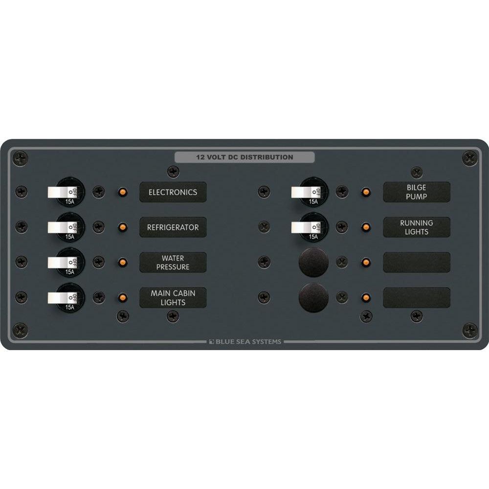 Blue Sea Systems DC 8-Position Horizontal Electrical Panel with blue finish and labeled switches for marine or electrical system use.