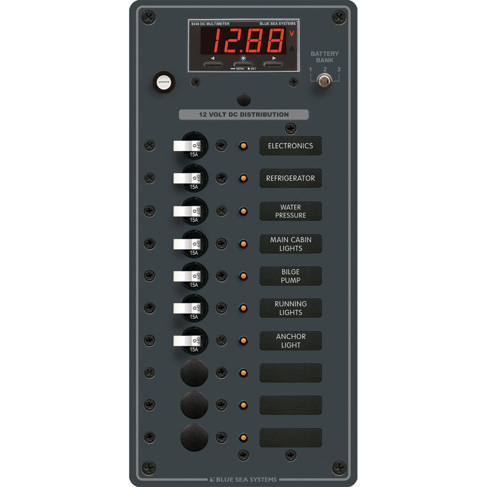 Blue Sea 8402 DC 10-Position Electrical Panel with multi-function meter by Blue Sea Systems, showing control switches and digital display.
