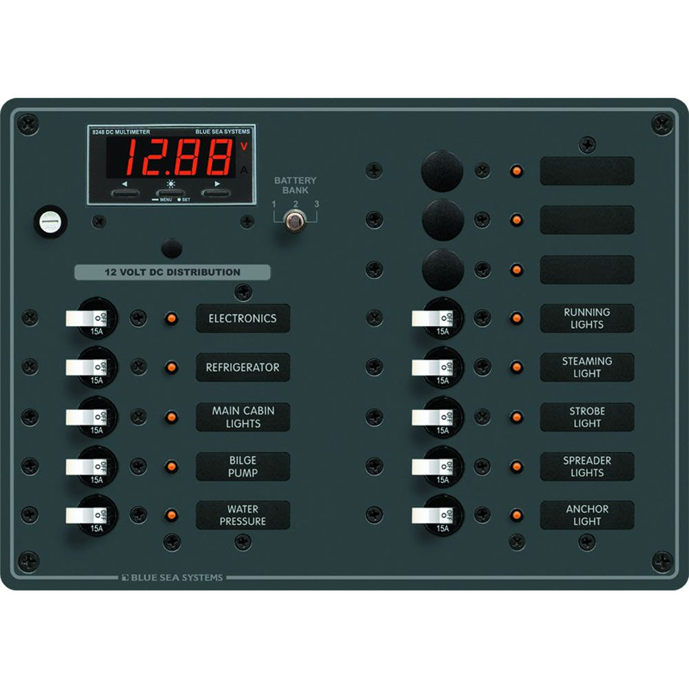 Blue Sea Systems 8403 DC Panel with 13 positions and built-in multimeter for electrical system monitoring.