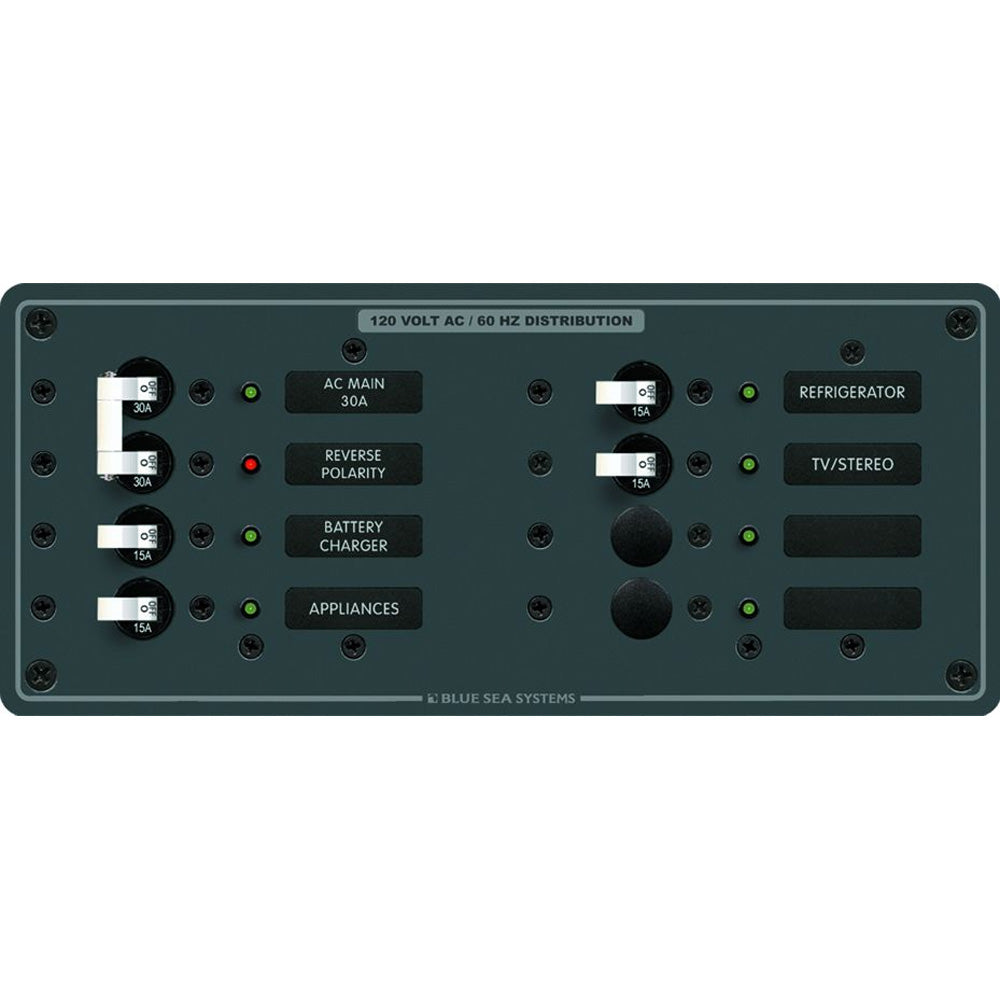 Blue Sea Systems 8412 AC Main electrical panel with 6 positions in white, featuring a compact and durable design for electrical control.