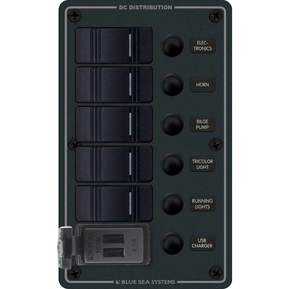 Blue Sea Systems 8521 5-position Contura switch panel with dual USB chargers, black plastic, for 12/24V DC electrical setups.