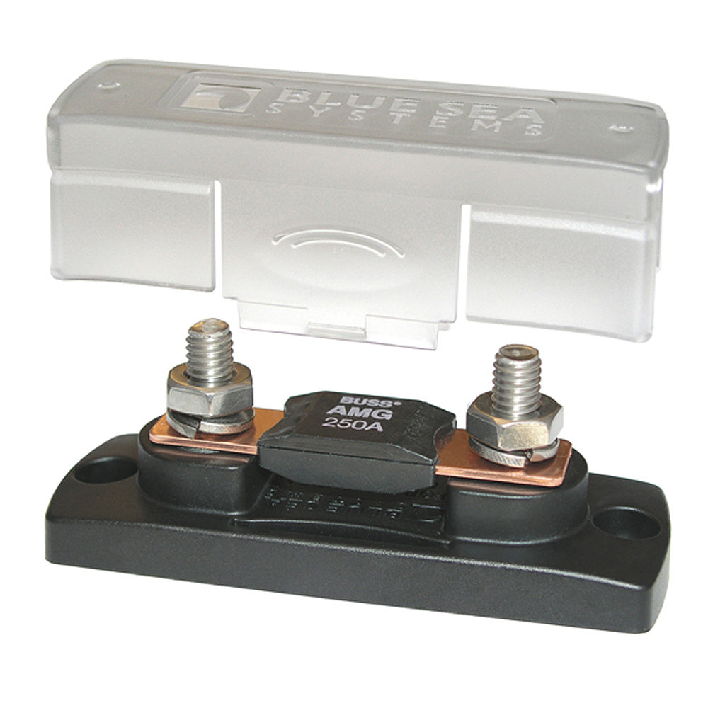 Blue Sea Systems Mega 5001 Fuse Block with cover, rated 100-300A, for marine and electrical fuse protection.