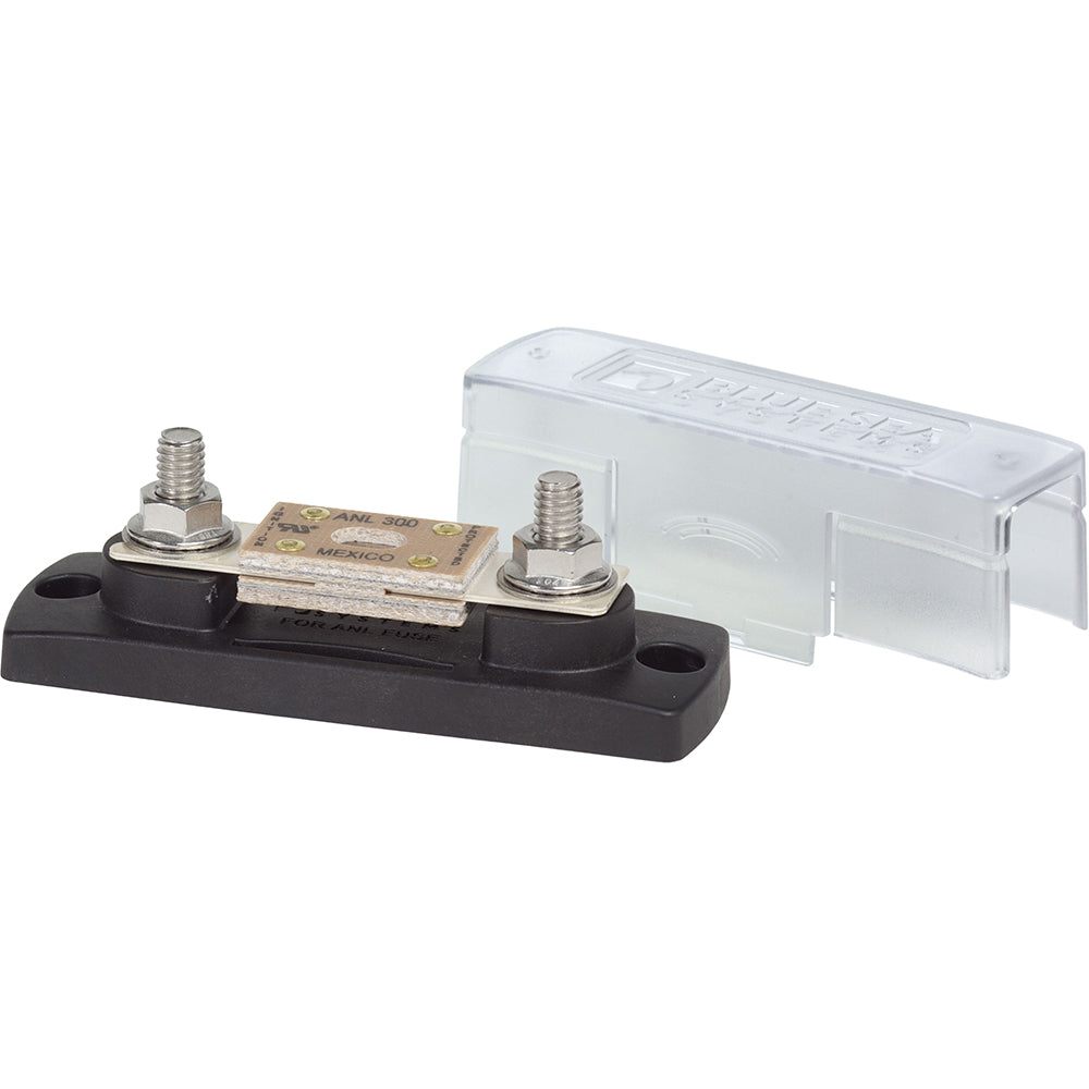 Blue Sea Systems 5005 ANL fuse block with cover, designed for 35-300AMP fuses, displaying the fuse terminals and protective cover.