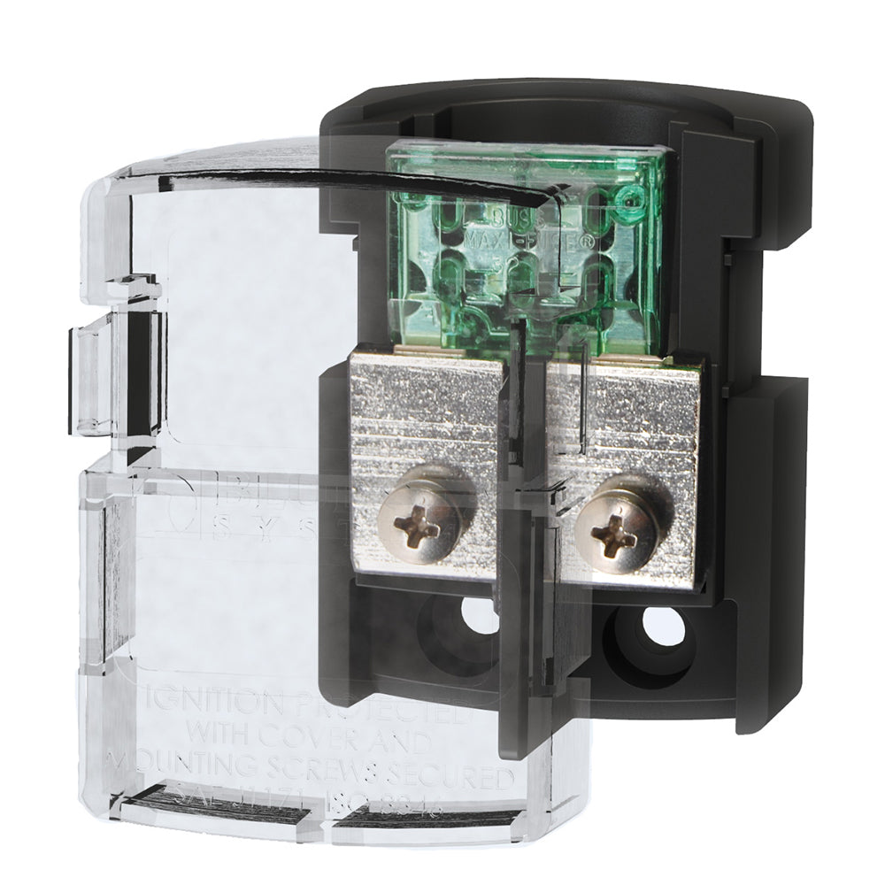Blue Sea Systems Maxi Fuse Block for 30-80A, blue plastic fuse holder with metal terminals, used for electrical circuit protection.