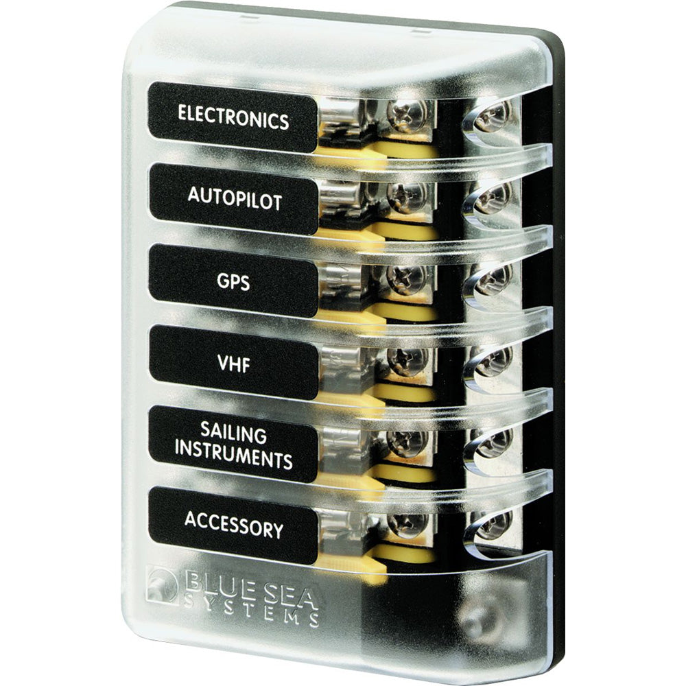 Blue Sea Systems Blue Sea 5015 ST glass fuse block with negative bus for electrical protection and distribution.