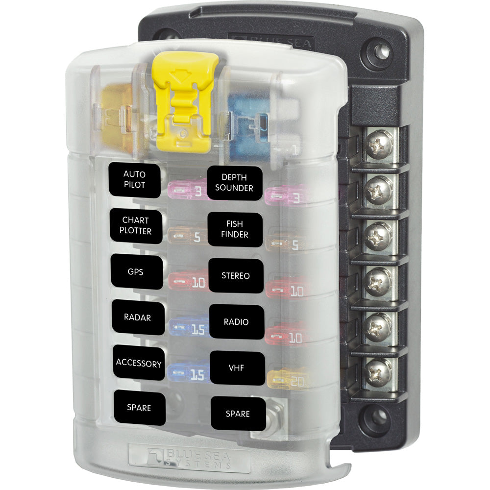 Blue Sea Systems 5029 ST Blade Fuse Block with cover, 12 circuit fuse holder, no negative bus, for marine or automotive electrical setup.