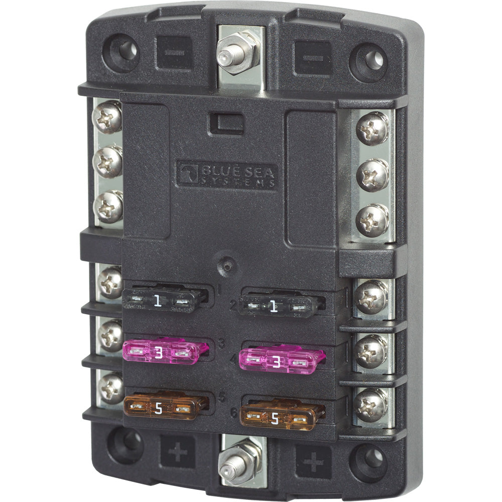 Blue Sea Systems 5030 ST Blade Fuse Block with 6 circuits and negative bus, shown without cover, for automotive or marine use.