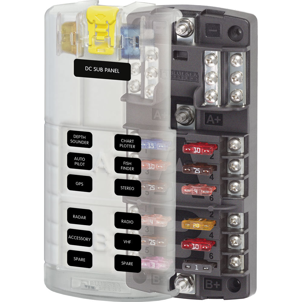 Blue Sea Systems 5032 ST-Blade Split Bus Fuse Block showing multiple fuse slots and terminal connections for electrical safety.