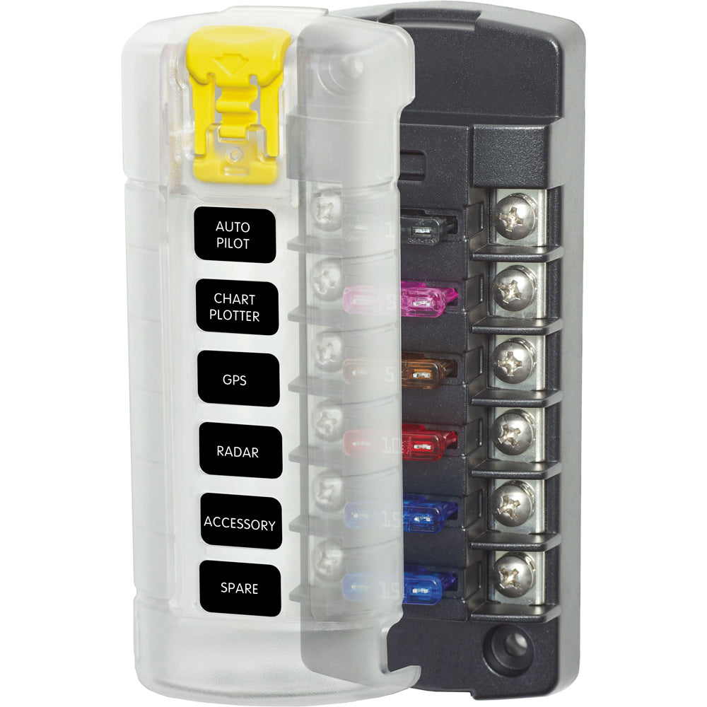 Blue Sea Systems 5035 ST Blade Fuse Block with cover, 6 independent circuits, no negative bus, designed for fuse block applications.