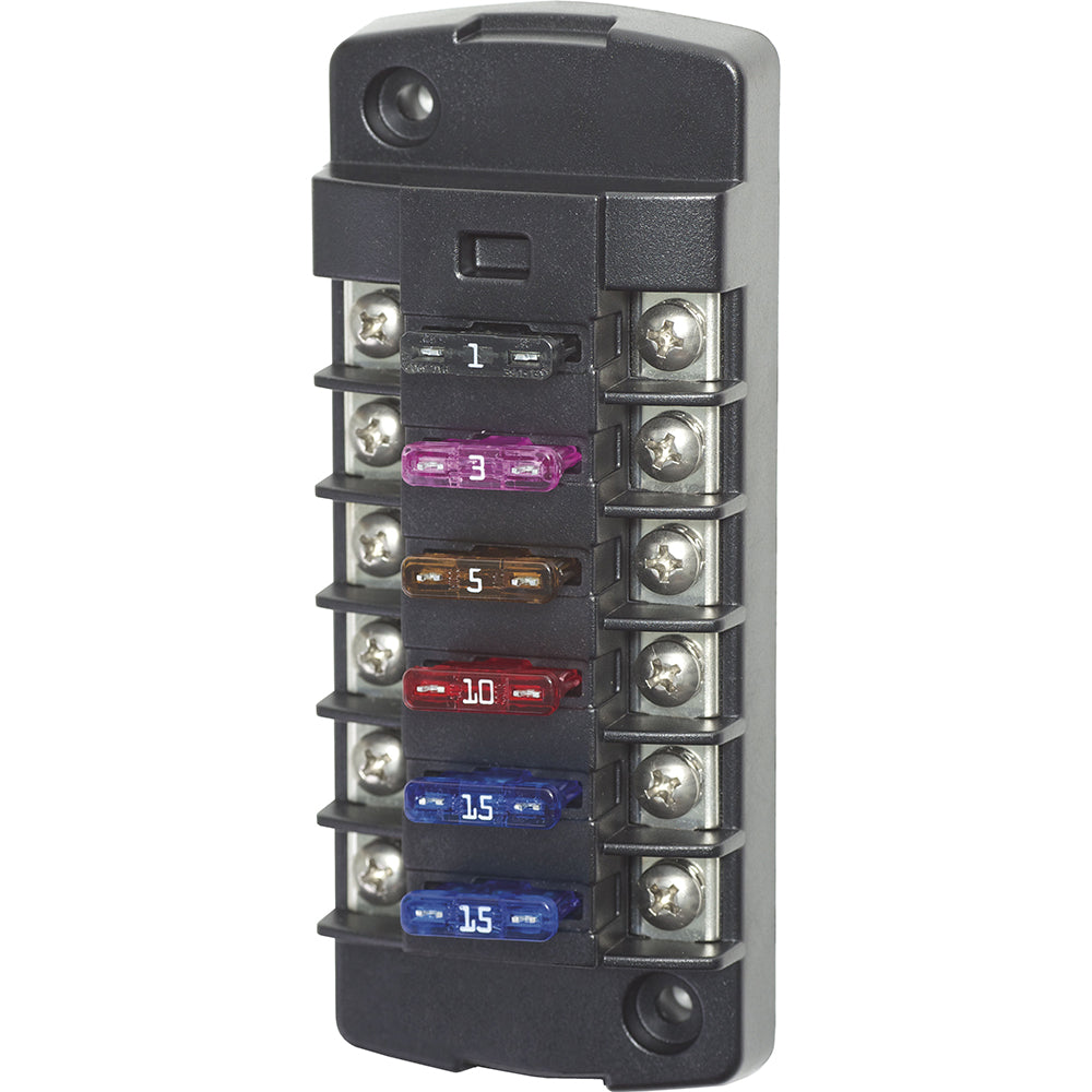Blue Sea Systems 5037 ST blade fuse block with 6 circuits, without cover or negative bus, used for electrical circuit protection.