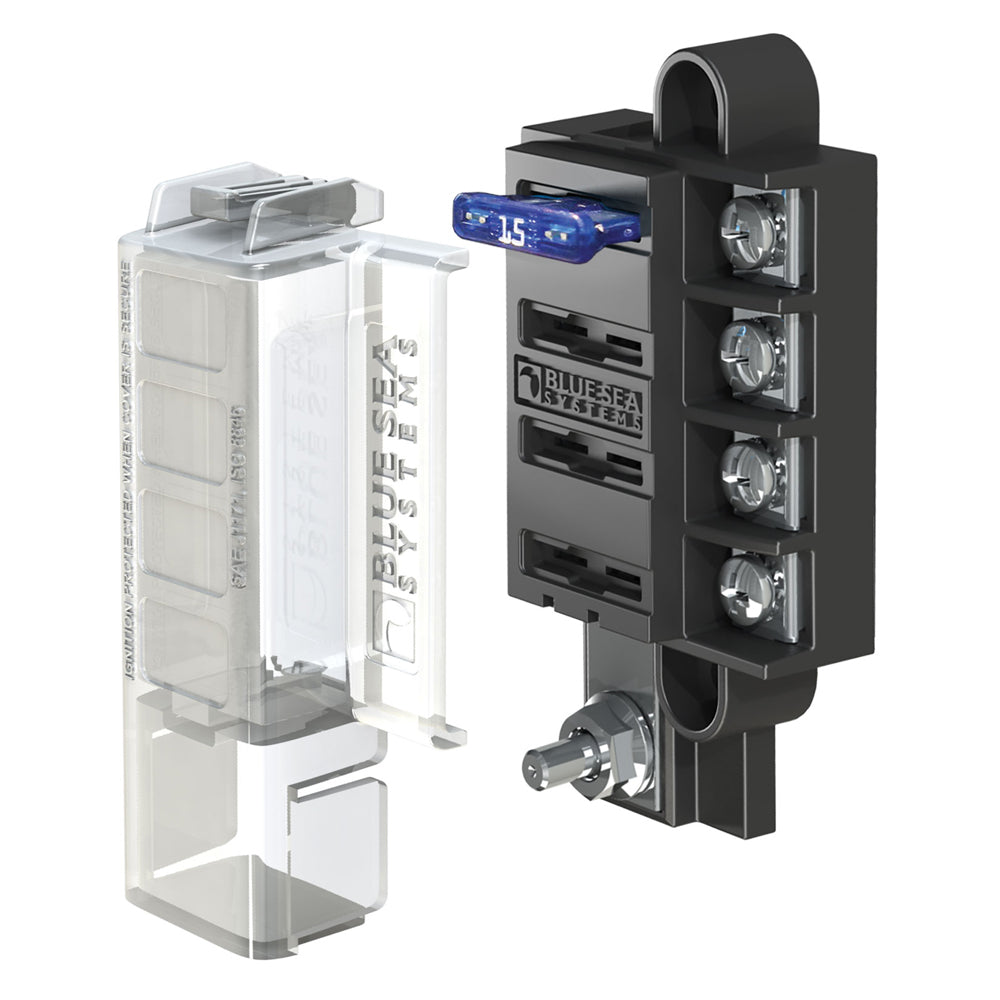 Blue Sea Systems 5045 ST Blade Compact Fuse Block with 4 circuits and cover, used for electrical circuit protection.
