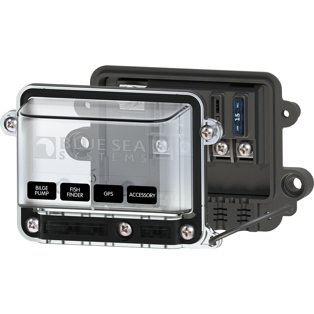 Blue Sea Systems 5056 ST-Blade Water-Resistant Fuse Block with Cover, designed for marine and automotive electrical protection.