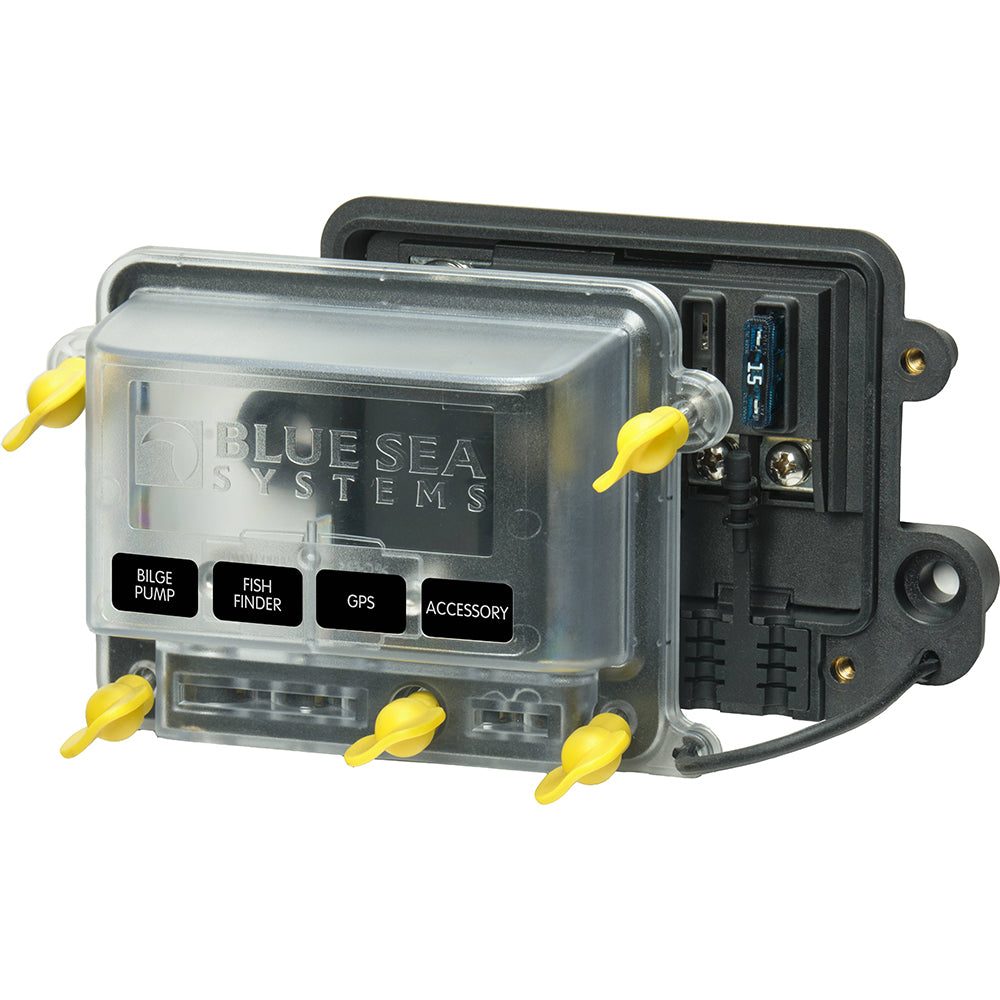 Blue Sea Systems water-resistant ST-Blade fuse block with cover, designed for secure electrical connections and fuse protection.