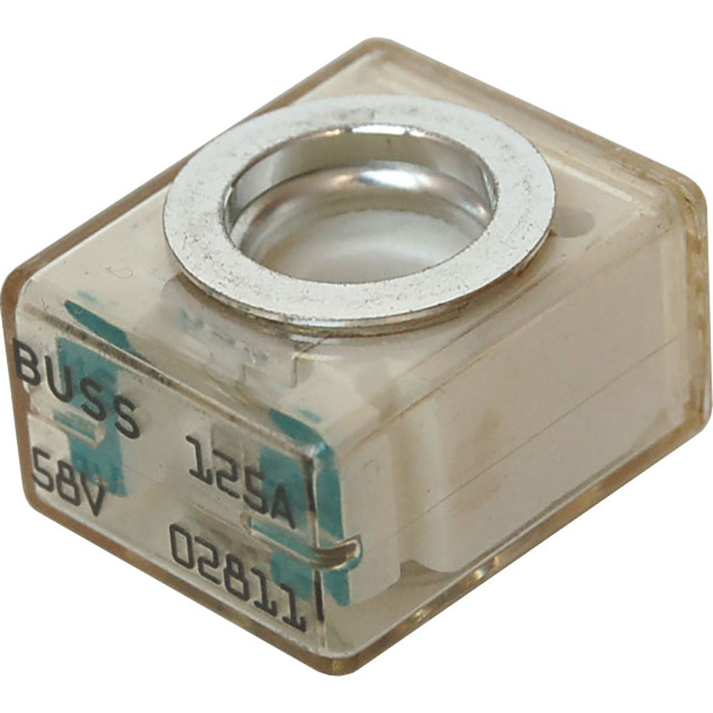 Blue Sea Systems 125A fuse terminal on Blue Sea fuse block for electrical connections in automotive or marine systems.