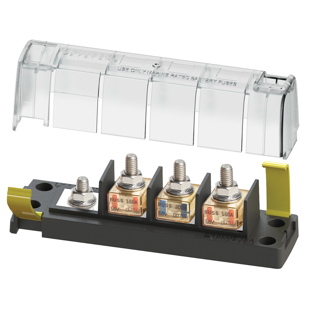 Blue Sea Systems 5196 MRBF surface mount 3-circuit fuse block with common source, used for electrical circuit protection.