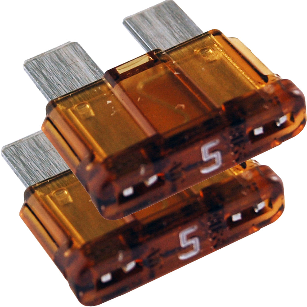 Blue Sea Systems 5239 5A ATO/ATC fuse installed in fuse block, showing compact blue fuse with clear terminals for automotive or marine use.
