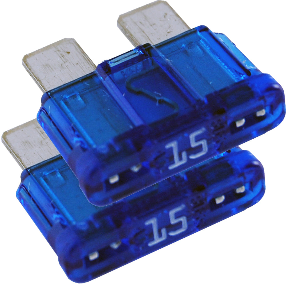 Blue Sea Systems 5242 15A ATO/ATC fuse in fuse block, showing blue plastic casing and metal fuse contacts.