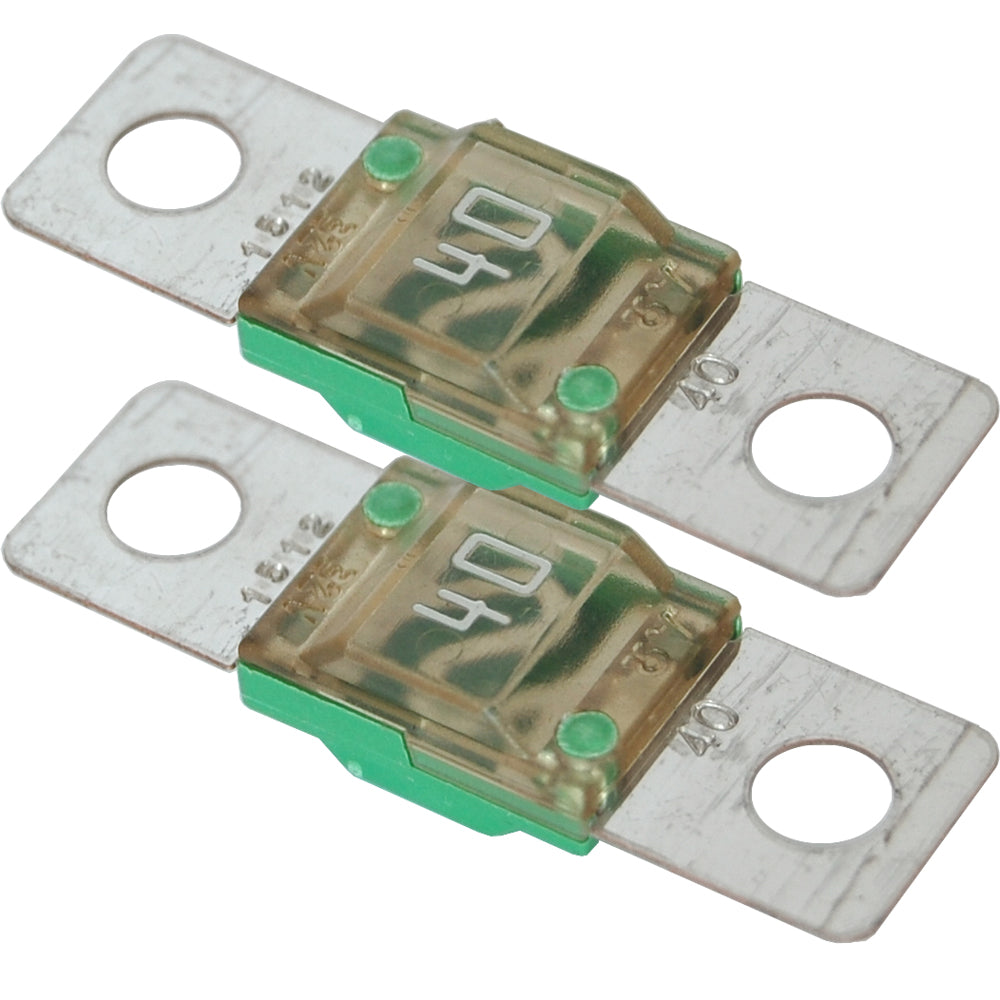 Pair of Blue Sea Systems 5251 MIDI/AMI fuse blocks with 40-amp fuses, used for marine and electrical applications.