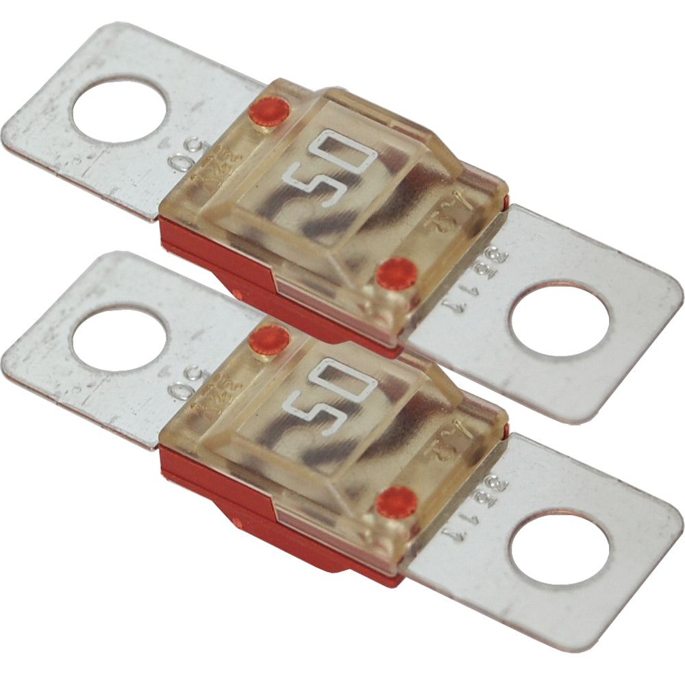 Pair of Blue Sea Systems 5252 MIDI/AMI fuse blocks with 50 Amp fuses, used in marine and automotive electrical systems.
