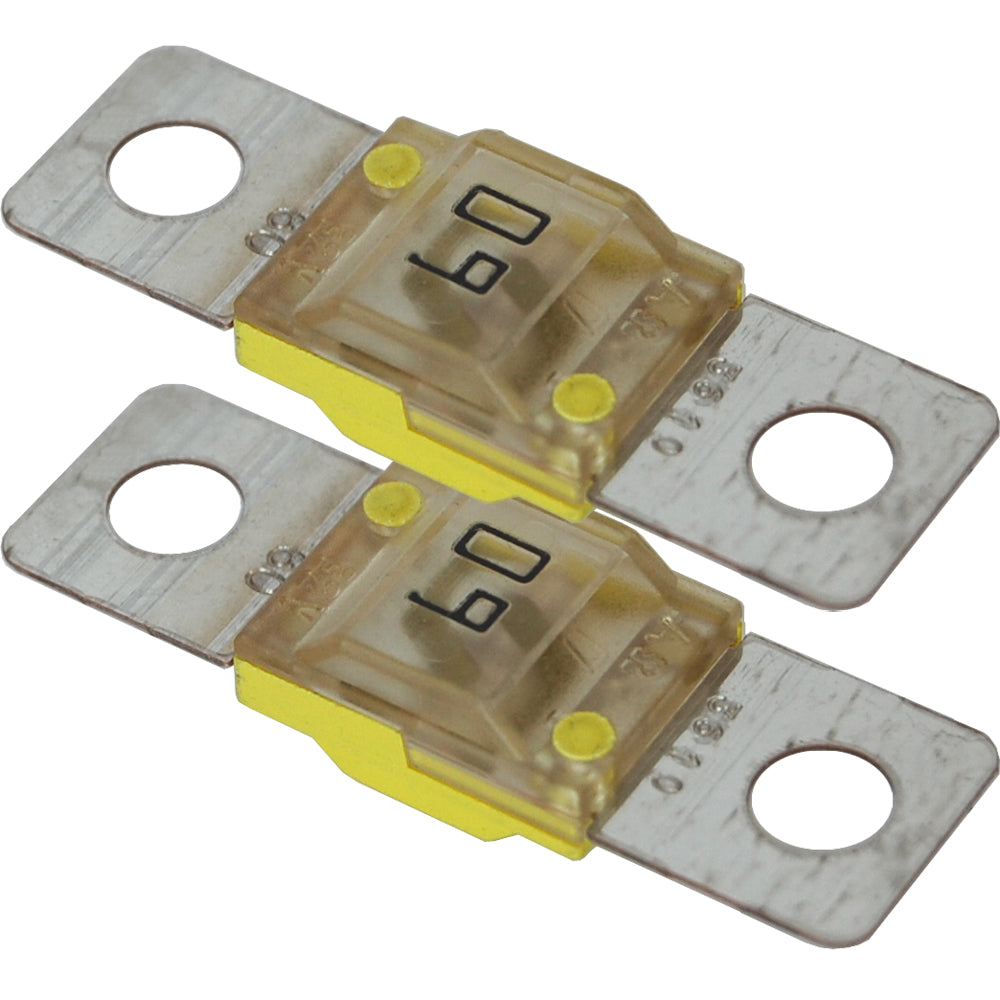Pair of Blue Sea Systems 5253 MIDI/AMI Fuse Blocks with 60 Amp fuses, designed for marine and electrical applications.