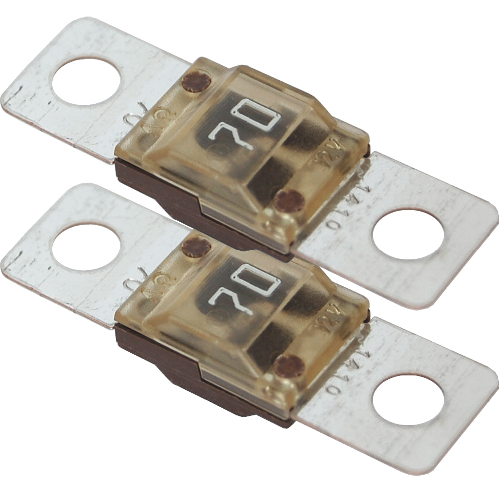 Pair of Blue Sea Systems 5254 MIDI/AMI Fuse Blocks with 70 Amp fuses, used for marine and automotive electrical systems.