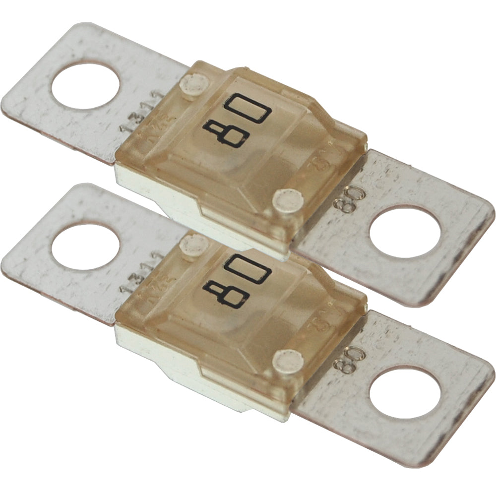 Pair of Blue Sea Systems 5255 MIDI/AMI Fuse Blocks with 80 Amp fuses, designed for electrical protection in marine and industrial setups.