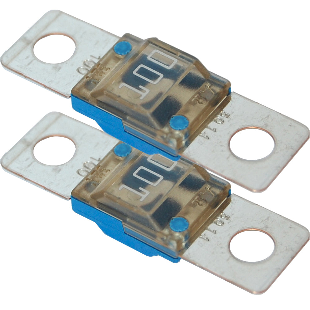 Pair of Blue Sea Systems 5256 MIDI/AMI Fuse Blocks with 100 Amp fuses, used for marine and electrical fuse protection.