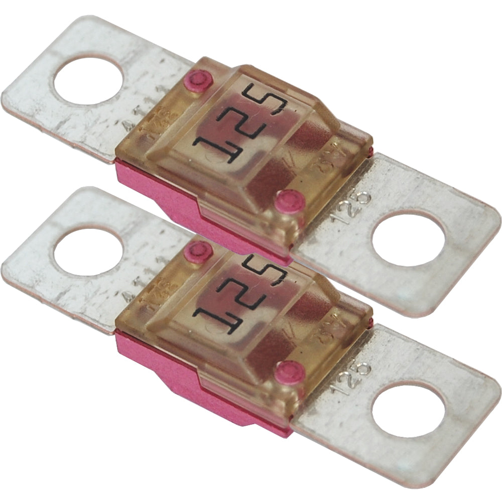 Pair of Blue Sea Systems 5257 MIDI/AMI Fuse Blocks with 125 Amp fuses, used for marine and electrical circuit protection.
