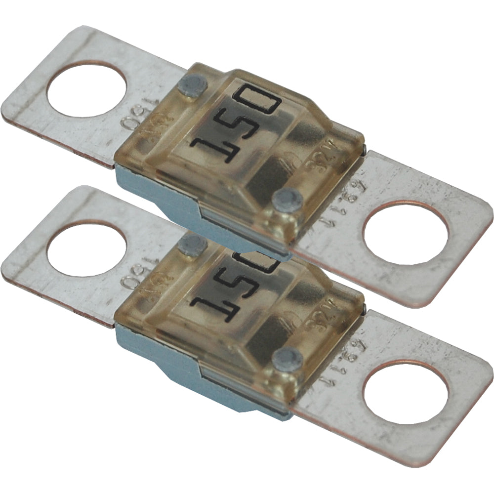 Pair of Blue Sea Systems 5258 MIDI/AMI fuse blocks with 150 Amp fuses, used for marine and electrical safety applications.