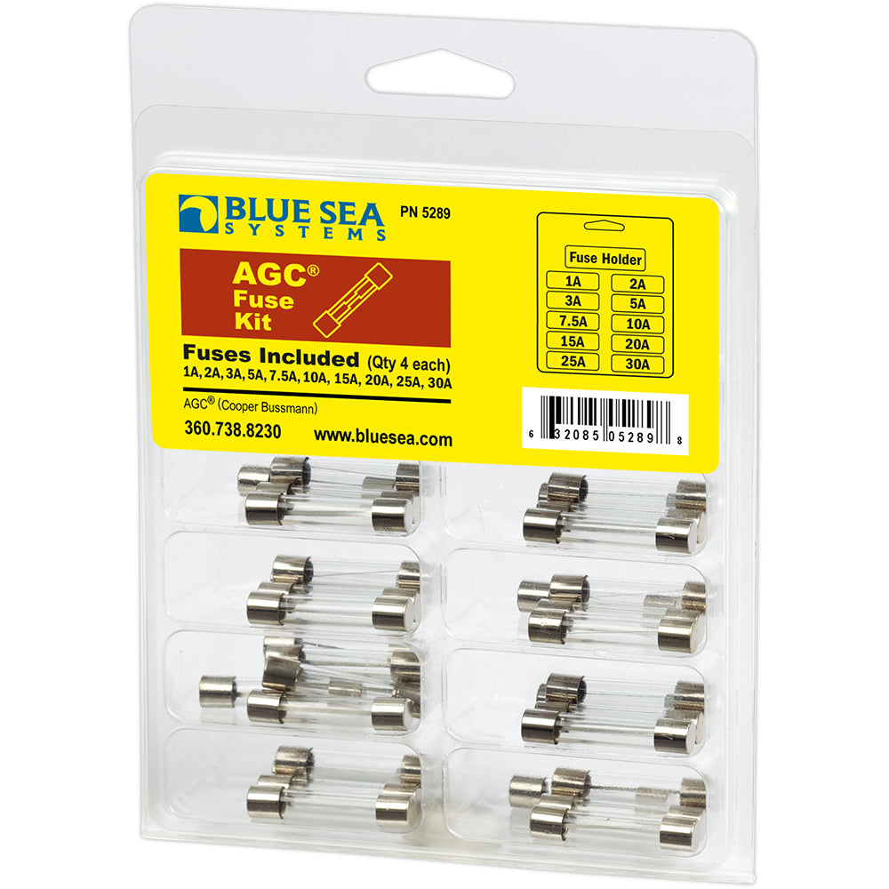 Blue Sea Systems 5289 AGC Fuse Kit with 41 fuses and fuse blocks, shown in a compact, organized fuse kit box.