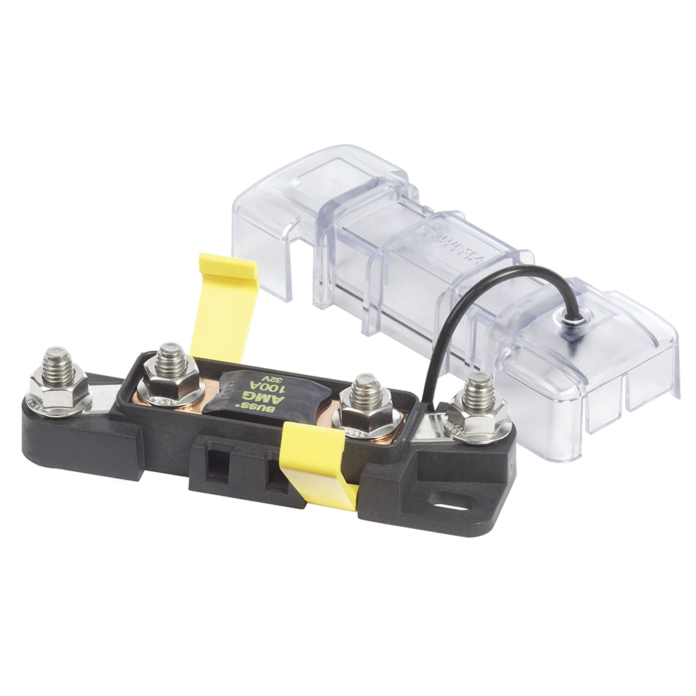 Blue Sea Systems Mega/AMG Safety Fuse Block for electrical fuse protection, shown with multiple fuse slots and blue casing.