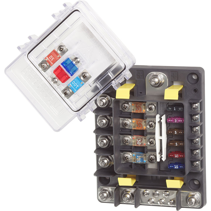 Blue Sea Systems SafetyHub 150 fuse box with blue fuse blocks and fuses, designed for electrical safety and circuit protection.