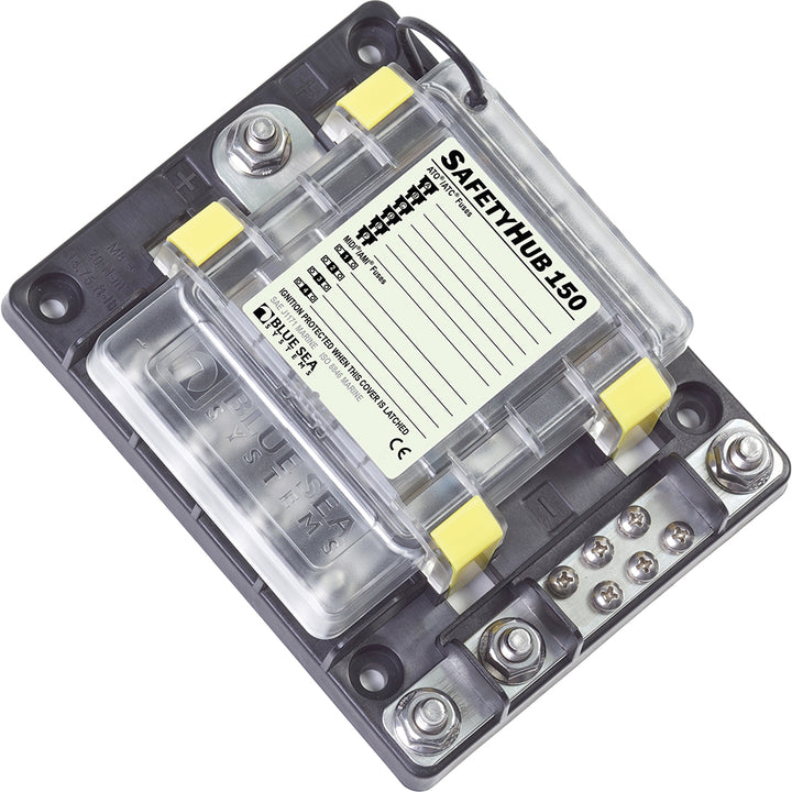 Blue Sea Systems SafetyHub 150 fuse box with multiple fuse blocks and fuses for marine or electrical safety applications.