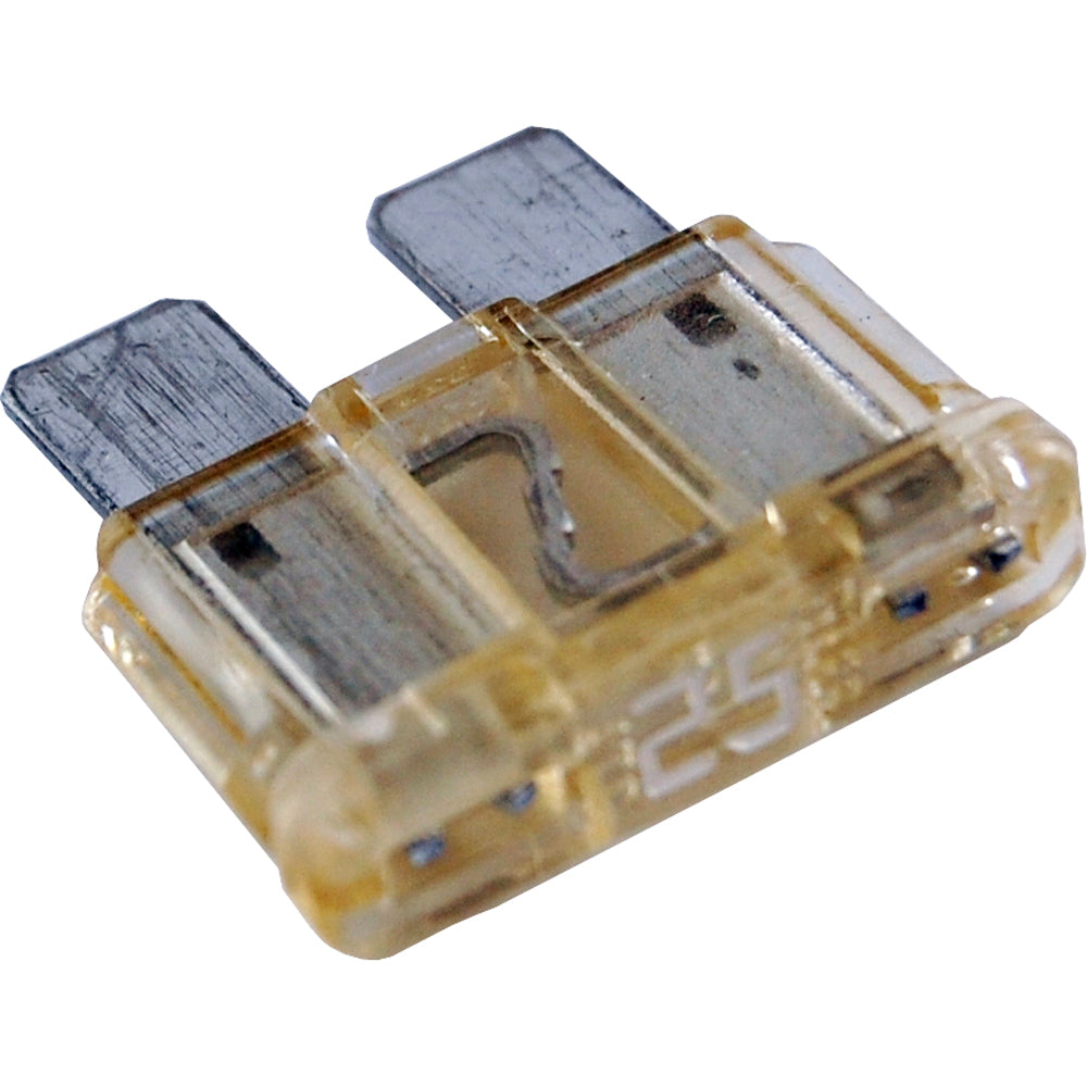 Blue Sea Systems ATO/ATC fuse pack with 25 amps, showing 25 fuses in a clear plastic pack for automotive or marine use.