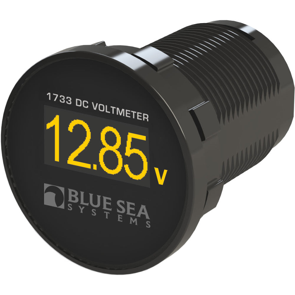 Blue Sea Systems Mini OLED DC Voltmeter showing digital voltage display on compact monitoring device.