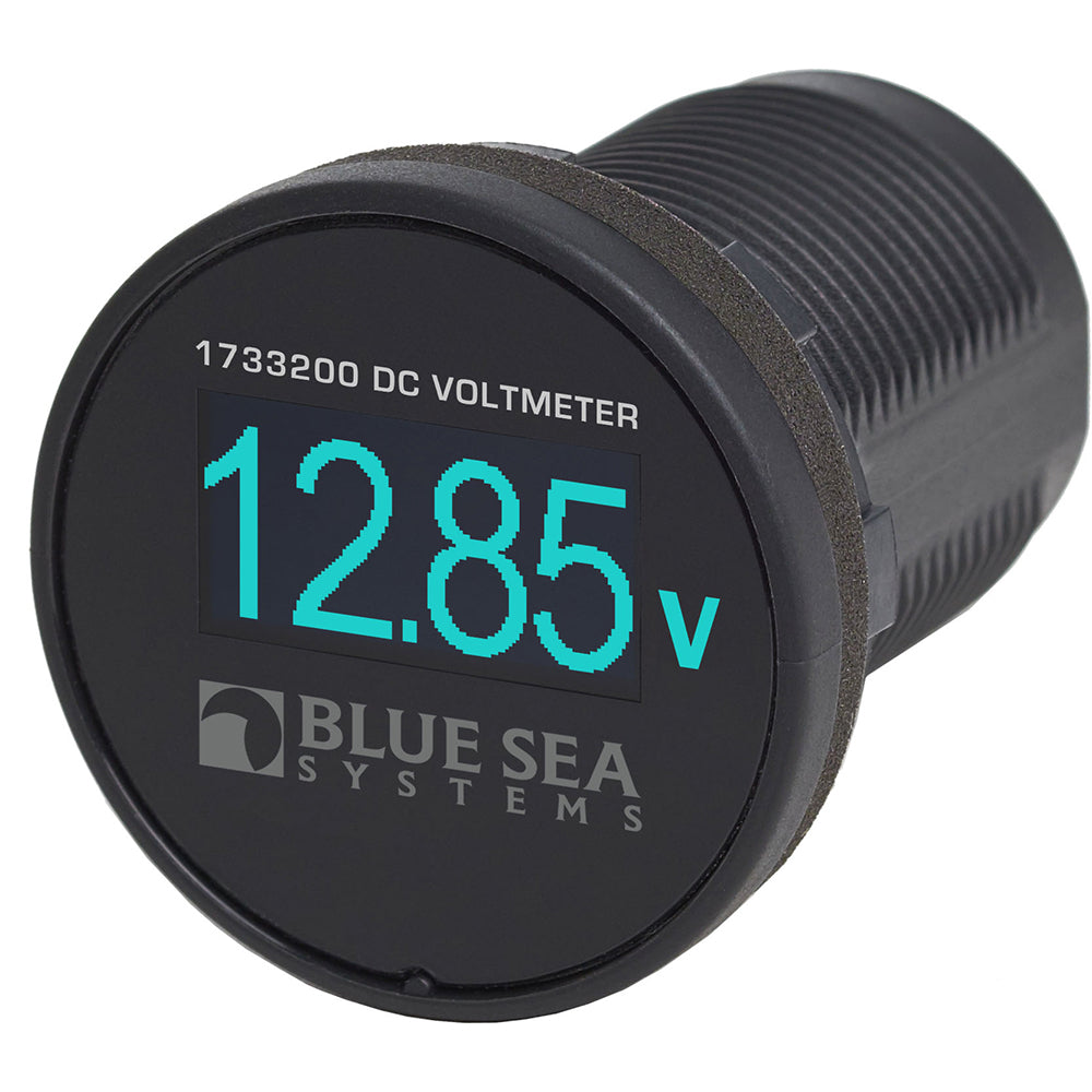 Blue Sea Systems Mini OLED Voltmeter in blue, compact digital meter for voltage monitoring, with clear display and durable design.