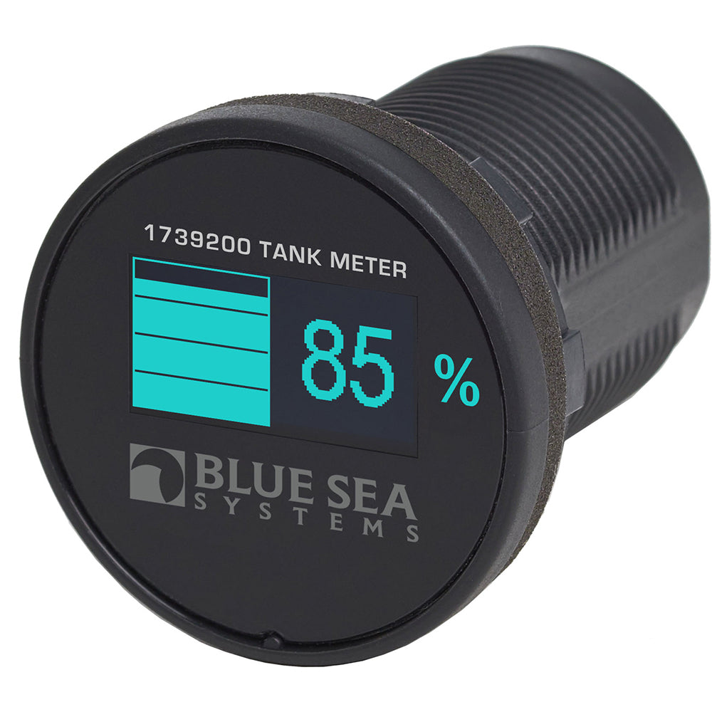 Blue Sea Systems Mini OLED Tank Meter in blue, a compact monitoring device for fluid level measurement with digital display.