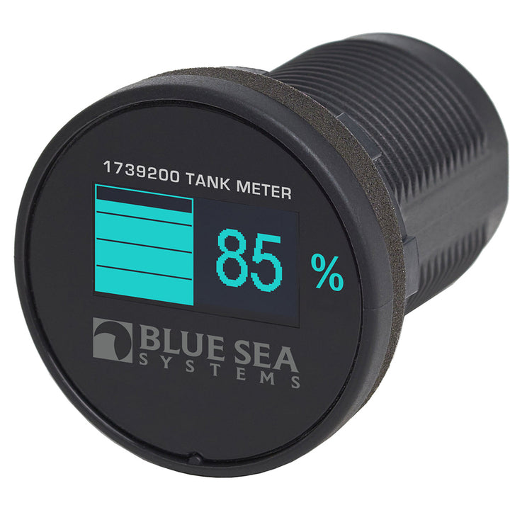 Blue Sea Systems Mini OLED Tank Meter in blue, a compact monitoring device for fluid level measurement with digital display.