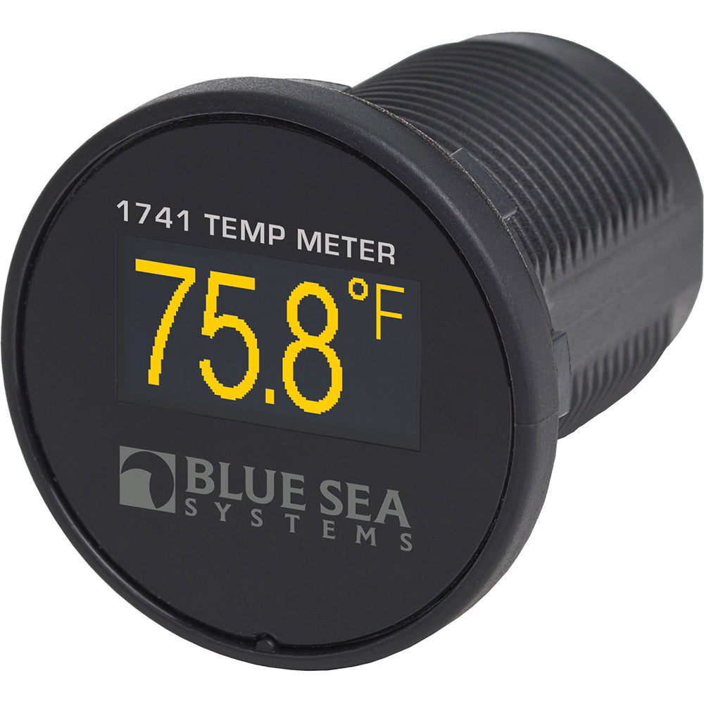 Blue Sea Systems Mini OLED Temperature Meter showing digital readout and control buttons for precise temperature monitoring.