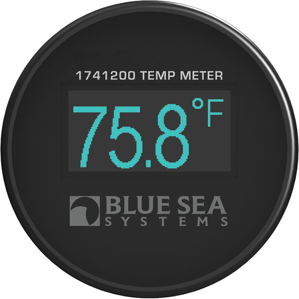 Blue Sea Systems Mini OLED Temperature Monitor in blue, displaying temperature readings on a compact meter for electrical systems.
