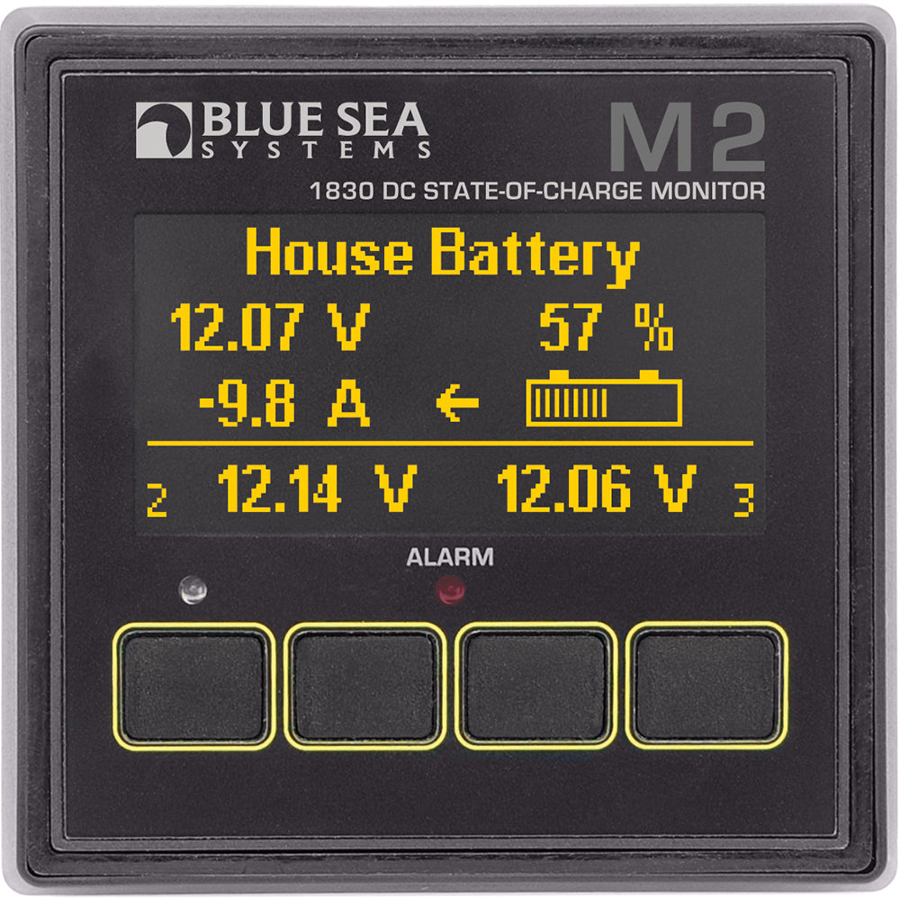 Blue Sea Systems Blue Sea 1830 M2 DC State of Charge Monitor displaying battery SOC level on digital screen.