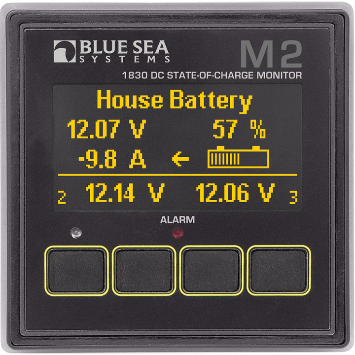 Blue Sea Systems Blue Sea 1830 M2 DC State of Charge Monitor displaying battery SOC level on digital screen.