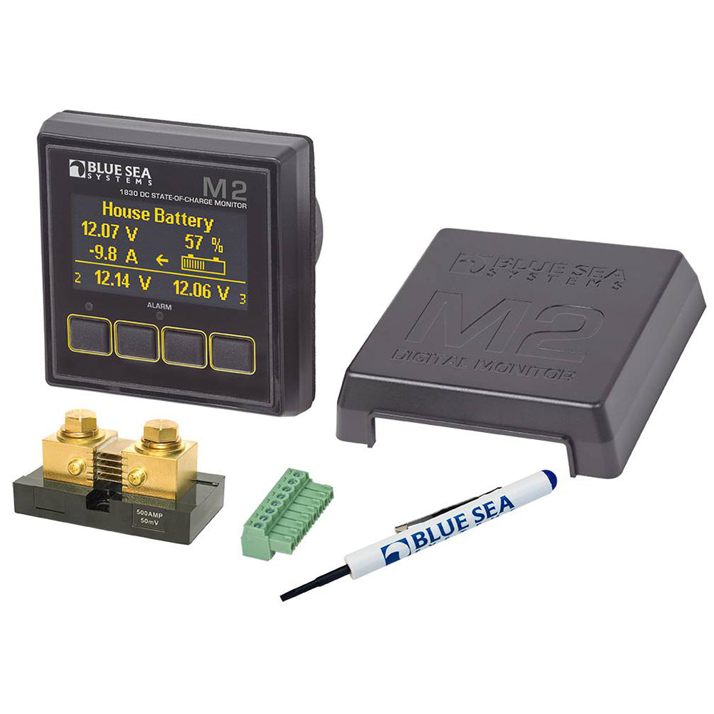 Blue Sea Systems Blue Sea 1830 M2 DC State of Charge Monitor displaying battery SOC levels on digital screen.