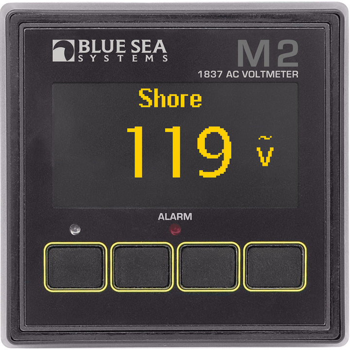 Blue Sea Systems 1837 M2 AC voltmeter showing digital display with measurement readings, used for meters and monitoring.