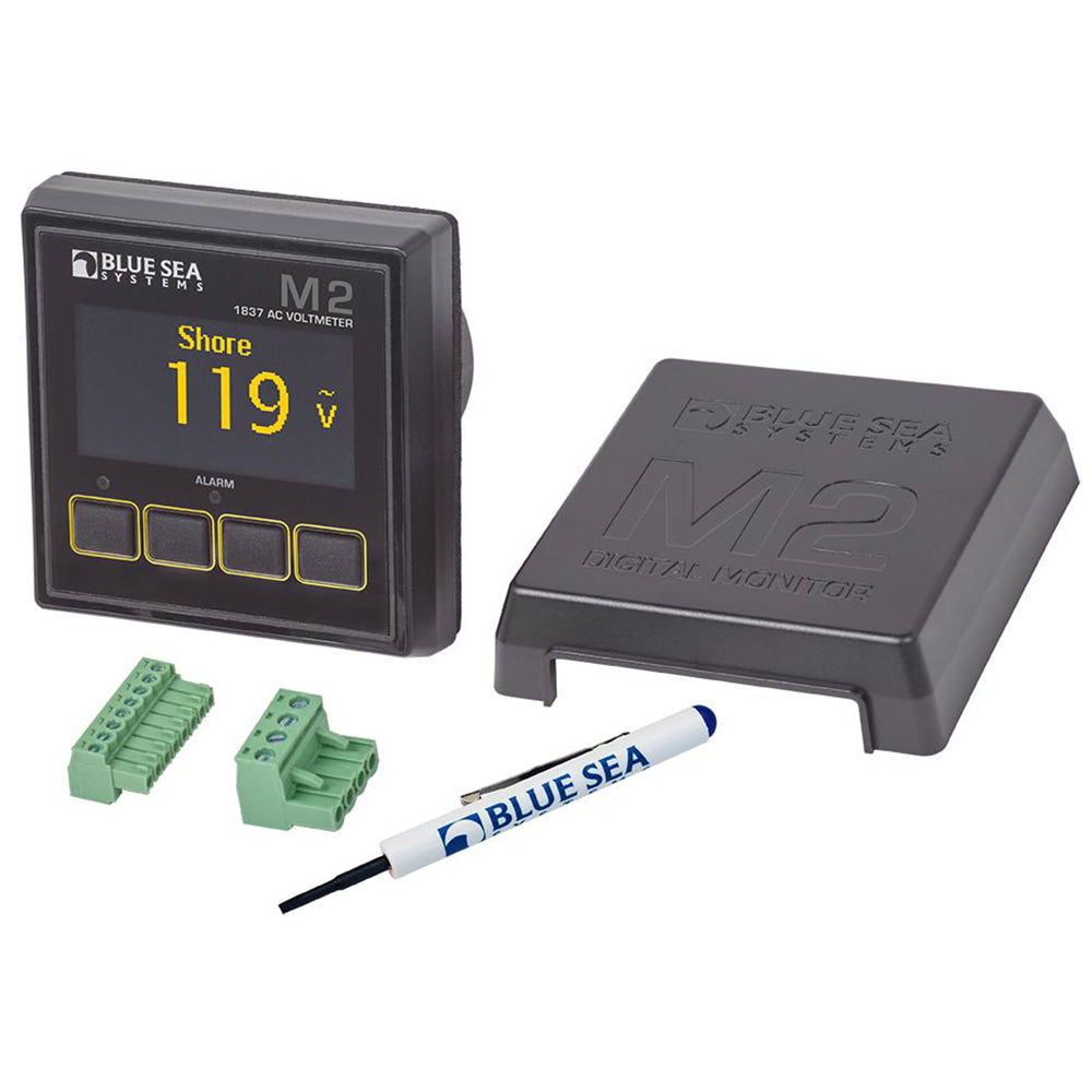 Blue Sea Systems 1837 M2 AC voltmeter for meters and monitoring, showing digital display and connection ports.