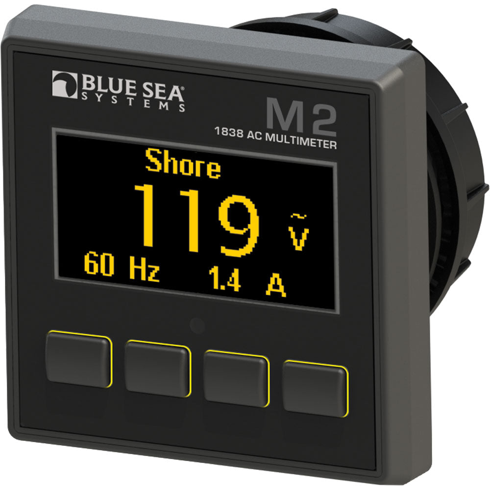Blue Sea 1838 M2 AC multimeter from Blue Sea Systems, showing digital display with measurement probes and controls.