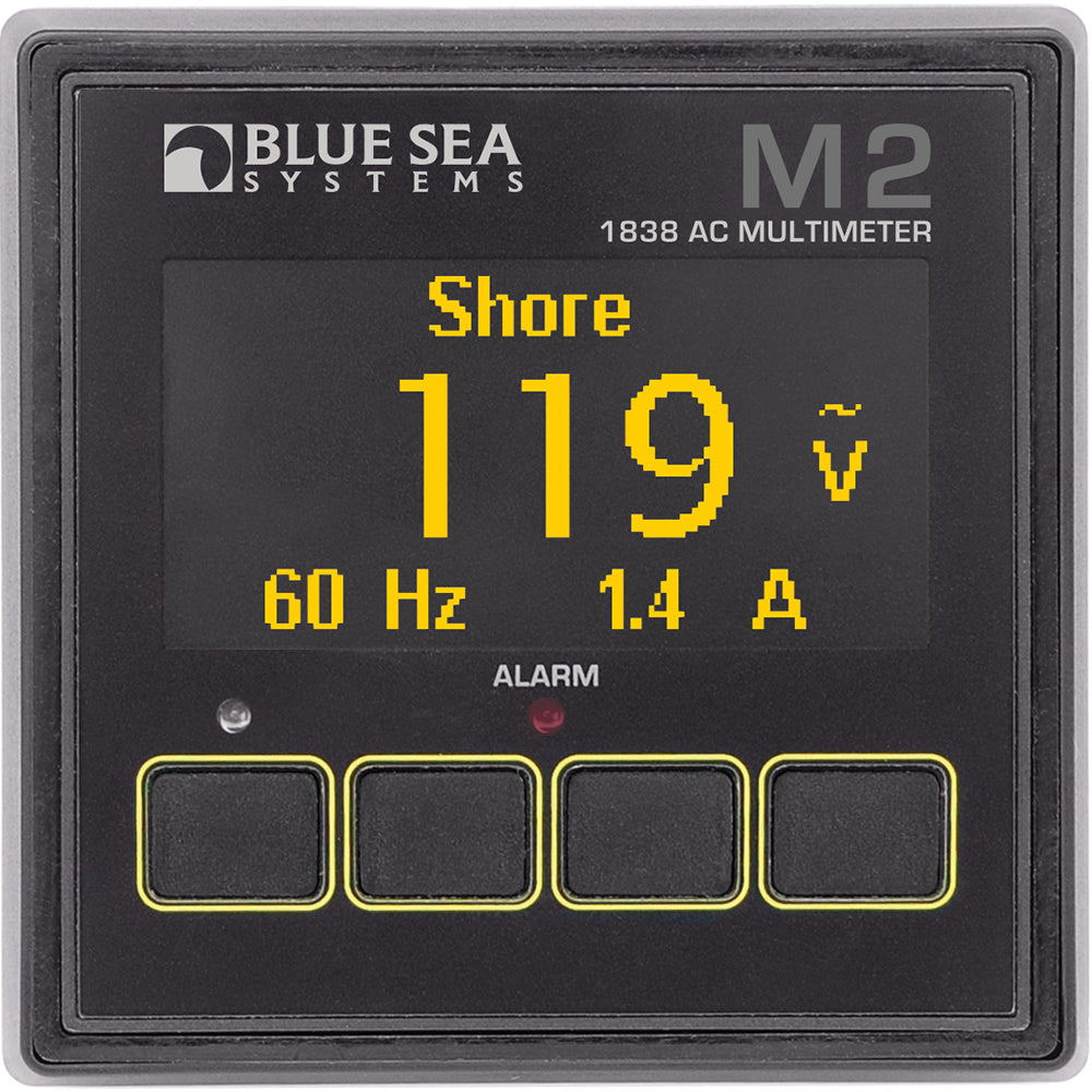 Blue Sea 1838 M2 AC multimeter from Blue Sea Systems showing digital display and measurement probes for electrical testing.