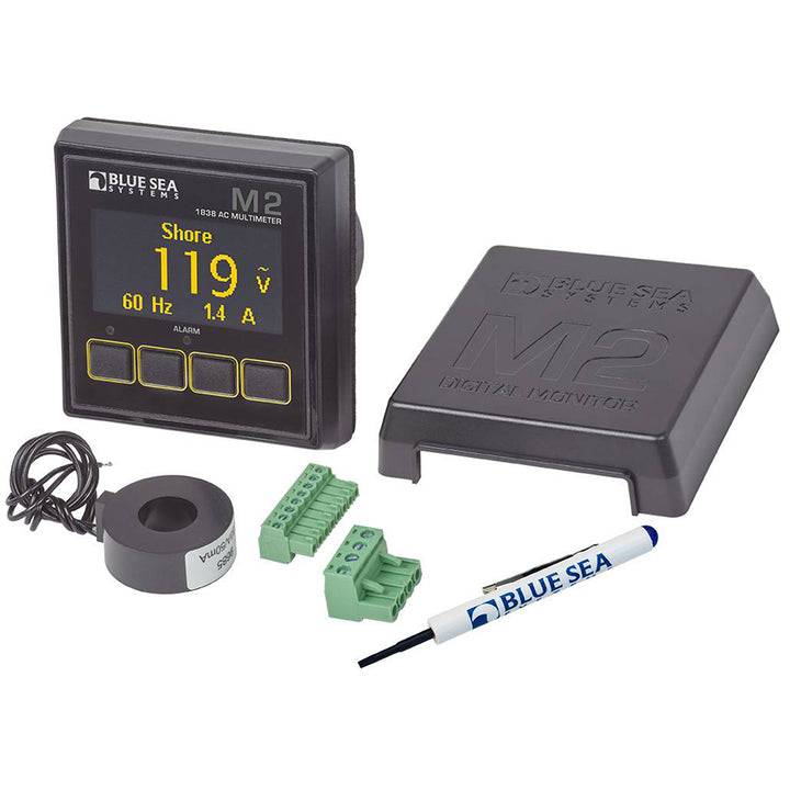 Blue Sea 1838 M2 AC multimeter from Blue Sea Systems, showing digital display and measurement probes for electrical testing.