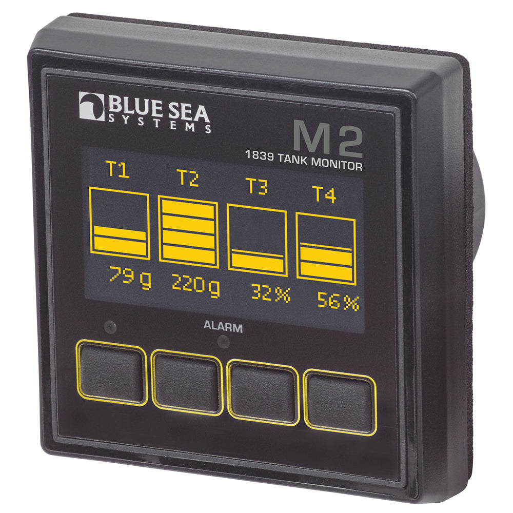 Blue Sea Systems Blue Sea 1839 M2 OLED tank monitor displaying fuel levels on a digital screen with control buttons.