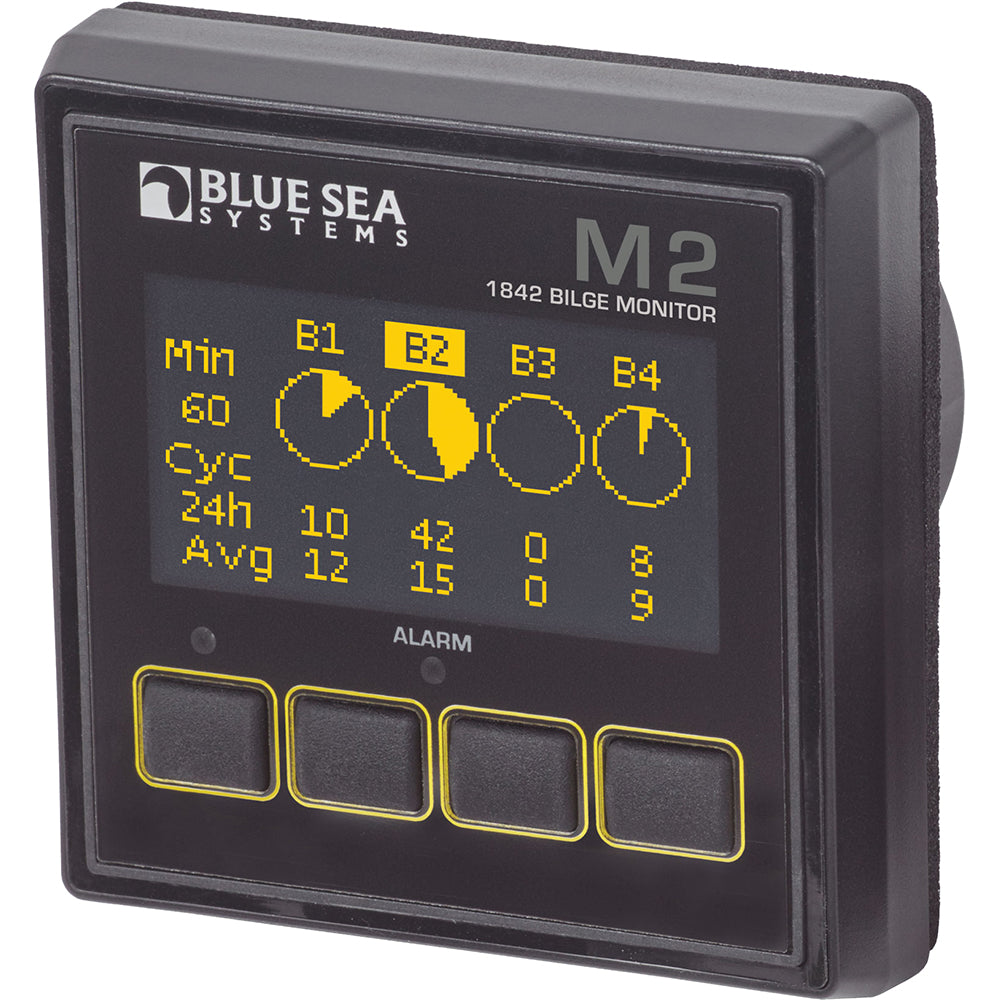 Blue Sea Systems Blue Sea 1842 M2 OLED Digital Bilge Meter showing digital display and controls for marine bilge monitoring.